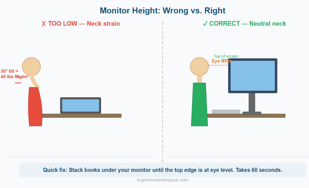 monitor height setup showing wrong vs right screen position